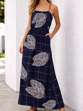 BODYBAG by jude Leaf Print Leather Strap Maxi Dress Minimalist Artwear